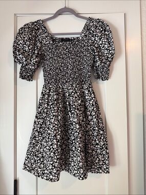 1. State Black & White Floral Smocked Puff-Sleeve Mini Dress